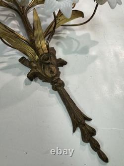 Vtg Italian Style Gilt Brass Wall Sculpture White Milk Glass Lily Flowers 40 L