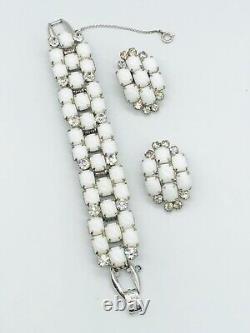 Vtg Juliana D&E White Milk Glass Clear Rhinestone 5 Links Bracelet Earrings Set