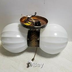 Vtg MCM Union Made Double RIBBED Globe Ceiling Vanity Light PullChain Milk Glass