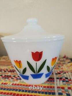 Vtg MINT Fire King Tulip Nesting Bowl Set 4, Grease Jar with Lid, Salt/Pepper