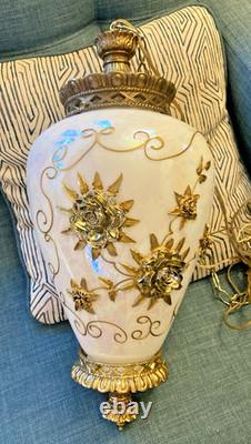 Vtg Mid Century Hollywood Regency Milk Glass Carl Falkenstein Hanging Swag Lamp