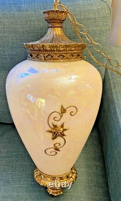 Vtg Mid Century Hollywood Regency Milk Glass Carl Falkenstein Hanging Swag Lamp