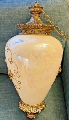 Vtg Mid Century Hollywood Regency Milk Glass Carl Falkenstein Hanging Swag Lamp