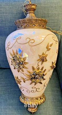 Vtg Mid Century Hollywood Regency Milk Glass Carl Falkenstein Hanging Swag Lamp