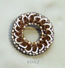 Vtg ORIGINAL BY ROBERT Wired White Milk Glass Bead Clear Rhinestone Pin Brooch