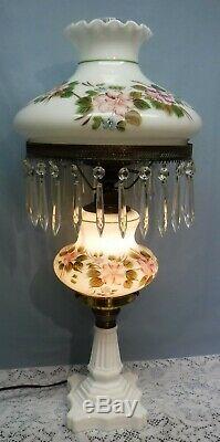 Vtg Oil Parlor GWTW Hand Painted White Milk Glass Floral Lamp Prisms Electric