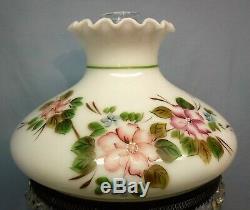 Vtg Oil Parlor GWTW Hand Painted White Milk Glass Floral Lamp Prisms Electric