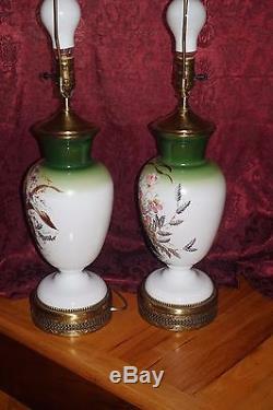 Vtg Pair Bristol Milk Glass Table Lamps Copper Leaf Gold Flowers Green White