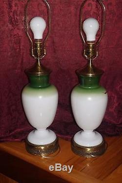 Vtg Pair Bristol Milk Glass Table Lamps Copper Leaf Gold Flowers Green White