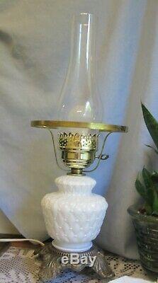 Vtg Pair White Diamond Hobnail Milk Glass Hurricane Table Lamp HEDCO Colonial