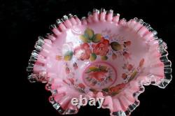 Vtg Pink Floral Bride's Basket Ruffle 10 Bowl Fenton Hand Painted on White