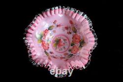 Vtg Pink Floral Bride's Basket Ruffle 10 Bowl Fenton Hand Painted on White