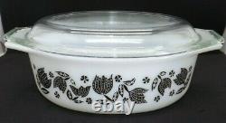 Vtg Pyrex 1 1/2 Qt White Black Tulip Oval Casserole Baking Dish w Lid 043 1957