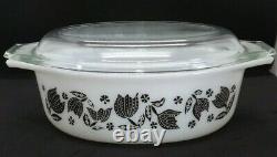 Vtg Pyrex 1 1/2 Qt White Black Tulip Oval Casserole Baking Dish w Lid 043 1957