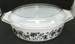 Vtg Pyrex 1 1/2 Qt White Black Tulip Oval Casserole Baking Dish w Lid 043 1957