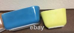Vtg Pyrex 501 B & 502 B Refrigerator Dishes Tan, Blue, Yellow, White with 3 Lids