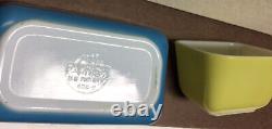 Vtg Pyrex 501 B & 502 B Refrigerator Dishes Tan, Blue, Yellow, White with 3 Lids