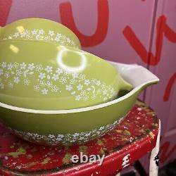 Vtg Pyrex 70s Spring Blossom Green Crazy Daisy Cinderella bowls Set Of 3 Mixing