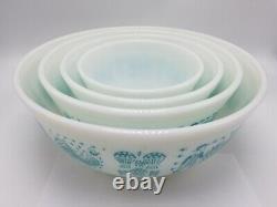 Vtg Pyrex Amish Butterprint White withTurquoise Print / 4 Nesting Mixing Bowl Set