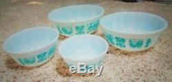 Vtg Pyrex White Turquoise Amish Butterprint Set of 4 Graduated Mixing Bowls MCM