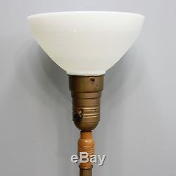 Vtg Torchiere Wood Lamp Electric Floor Light Glass White Milk Glass Waffle Shade
