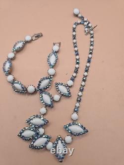 Vtg Weiss Blue Rhinestone And White Milk Glass Necklace And Bracelet Set