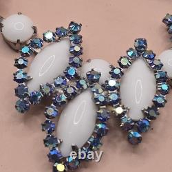 Vtg Weiss Blue Rhinestone And White Milk Glass Necklace And Bracelet Set