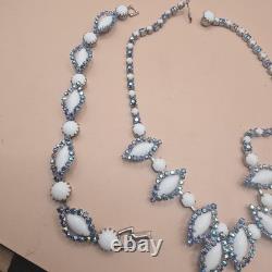 Vtg Weiss Blue Rhinestone And White Milk Glass Necklace And Bracelet Set
