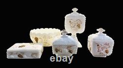 Vtg Westmoreland Beaded Milk Glass Gold Collector Set 4 Lidded Boxes 1 Bowl EVC