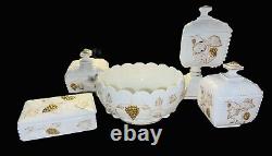 Vtg Westmoreland Beaded Milk Glass Gold Collector Set 4 Lidded Boxes 1 Bowl EVC