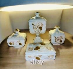 Vtg Westmoreland Beaded Milk Glass Gold Collector Set 4 Lidded Boxes 1 Bowl EVC