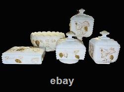 Vtg Westmoreland Beaded Milk Glass Gold Collector Set 4 Lidded Boxes 1 Bowl EVC