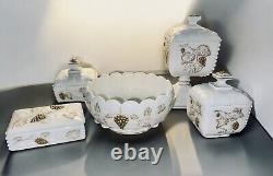 Vtg Westmoreland Beaded Milk Glass Gold Collector Set 4 Lidded Boxes 1 Bowl EVC