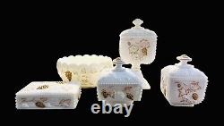 Vtg Westmoreland Beaded Milk Glass Gold Collector Set 4 Lidded Boxes 1 Bowl EVC