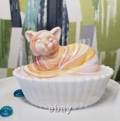 Vtg Westmoreland Milk Glass Cat Candy Dish Orange And Milk Swirl Rare Stamped