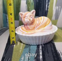 Vtg Westmoreland Milk Glass Cat Candy Dish Orange And Milk Swirl Rare Stamped