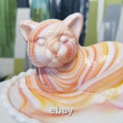 Vtg Westmoreland Milk Glass Cat Candy Dish Orange And Milk Swirl Rare Stamped