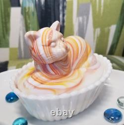 Vtg Westmoreland Milk Glass Cat Candy Dish Orange And Milk Swirl Rare Stamped