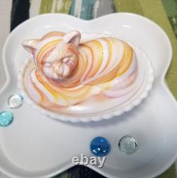 Vtg Westmoreland Milk Glass Cat Candy Dish Orange And Milk Swirl Rare Stamped