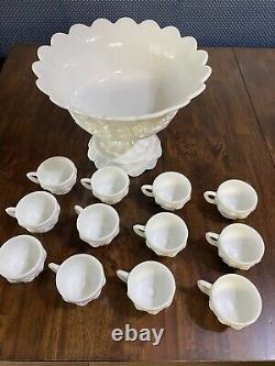 Vtg Westmoreland No. 1881 Paneled Grape Milk Glass Punch Bowl & Cups 25 pieces