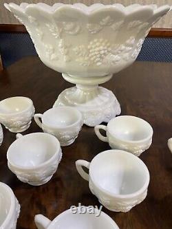 Vtg Westmoreland No. 1881 Paneled Grape Milk Glass Punch Bowl & Cups 25 pieces