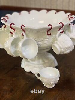 Vtg Westmoreland No. 1881 Paneled Grape Milk Glass Punch Bowl & Cups 25 pieces