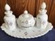 Vtg Westmoreland White Milk Glass Paneled Grape Roses & Bows 7 Pc Dresser Set