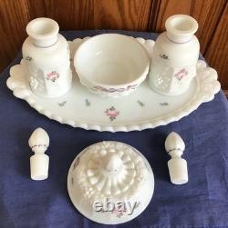 Vtg Westmoreland White Milk Glass Paneled Grape Roses & Bows 7 Pc Dresser Set
