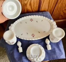 Vtg Westmoreland White Milk Glass Paneled Grape Roses & Bows 7 Pc Dresser Set