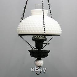 Vtg White Milk Glass Hobnail Retractable Pull Down Light Adjustable Ceiling Lamp