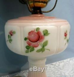 Vtg White Milk Glass Pink Floral Flower GWTW Parlor Oil Lamp Electrified