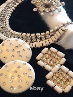 Vtg White Milk Glass Rhinestone Bracelets Necklace Earrings Coro Brooch