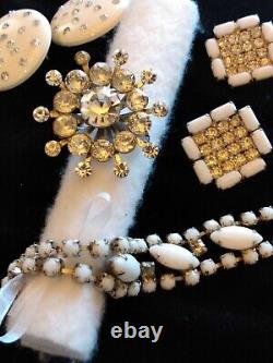 Vtg White Milk Glass Rhinestone Bracelets Necklace Earrings Coro Brooch