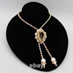 Vtg White Milk Glass & Rhinestone Lariat Pendant Necklace Bracelet Earring Set